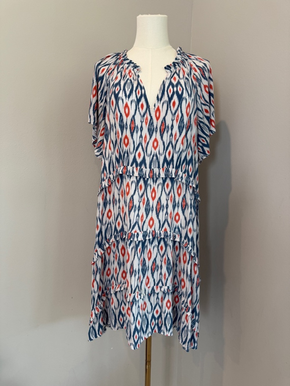 Anthropologie Ikat-Print Tiered Midi Dress in Navy, White & Coral
